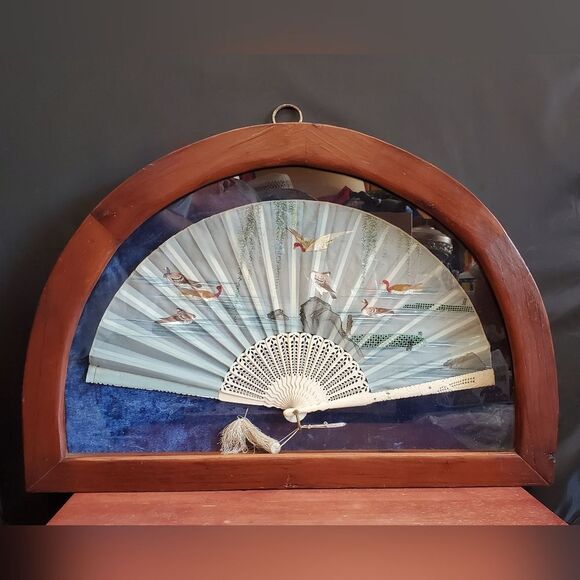 Vintage Framed Asian Chinese Fan Woodland Water Fowl Shadowbox - Picture 1 of 11